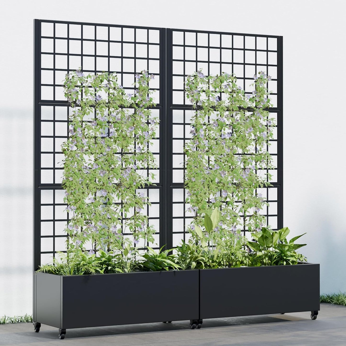 Casaphoria 72"x35" Metal Raised Garden Bed with Trellis(2 Pack), Outdoor Planter Box with Wheels & Drainage Holes for Climbing Plants, Flowers, Elevated Garden Kit with Privacy Screen, Black-Square