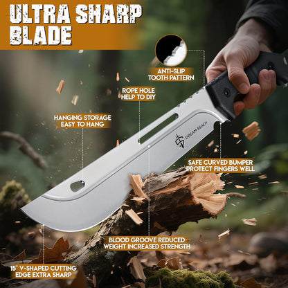 Dream Reach Heavy Duty Machete - Portable Full Tang Outdoor Survival Knife with Sheath Strap for Camping Hiking Gift for Men 9.8 Inches
