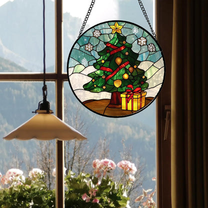 Stained Glass Window Hanging Green Christmas Tree Snowflake 7.8" - Suncatcher Door Garden Sun Catcher Xmas Holiday Decor Birthday for Mom Men Woman Friend Nana