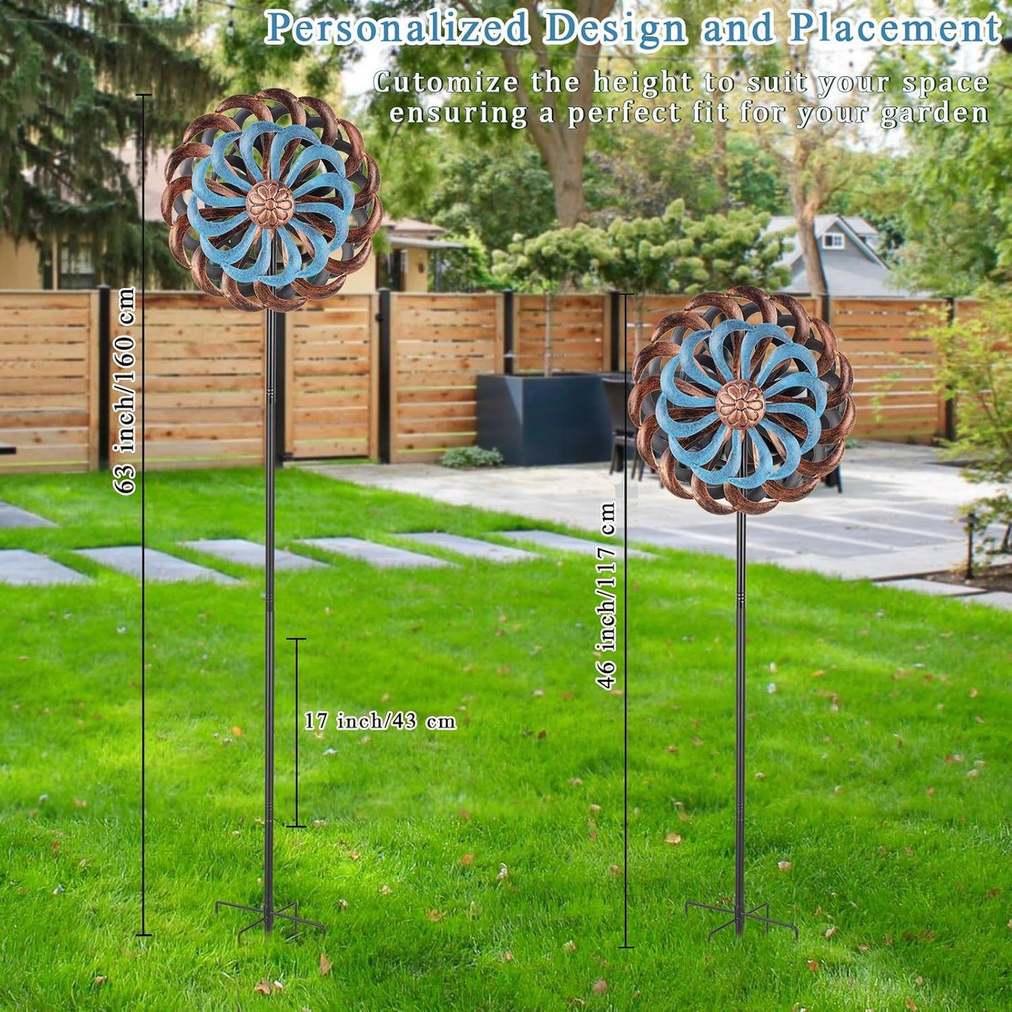 Metal Wind Spinners Outdoor, 14 Inch Dia Kinetic Wind Sculptures & Spinners with Stake, 61" H Windmill Yard Art Decor for Patio Lawn Garden, Copper Blue