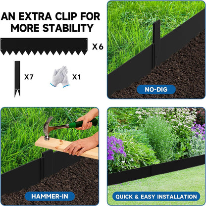 19.7Ft.Galvanized Steel Landscape Edging(6-Pack)-8"x39.4" Metal Garden Edging,7 Clips&Gloves,Hammer-in,No Dig,Rustproof,for Landscaping,Tree Rings,Garden,Yard&Pathway–Black