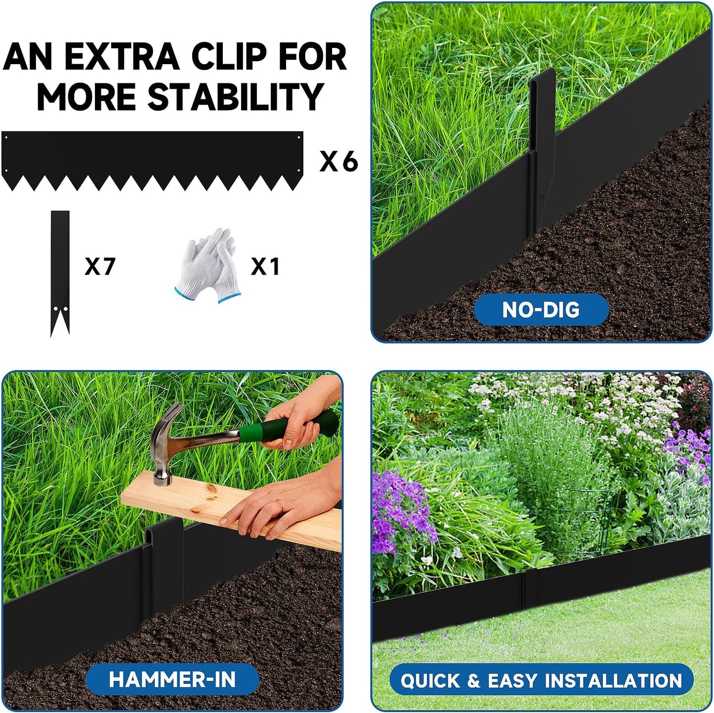 19.7Ft.Galvanized Steel Landscape Edging(6-Pack)-5"x39.4" Metal Garden Edging,7 Clips&Gloves,Hammer-in,No Dig,Rustproof,for Landscaping,Tree Rings,Garden,Yard&Pathway–Black