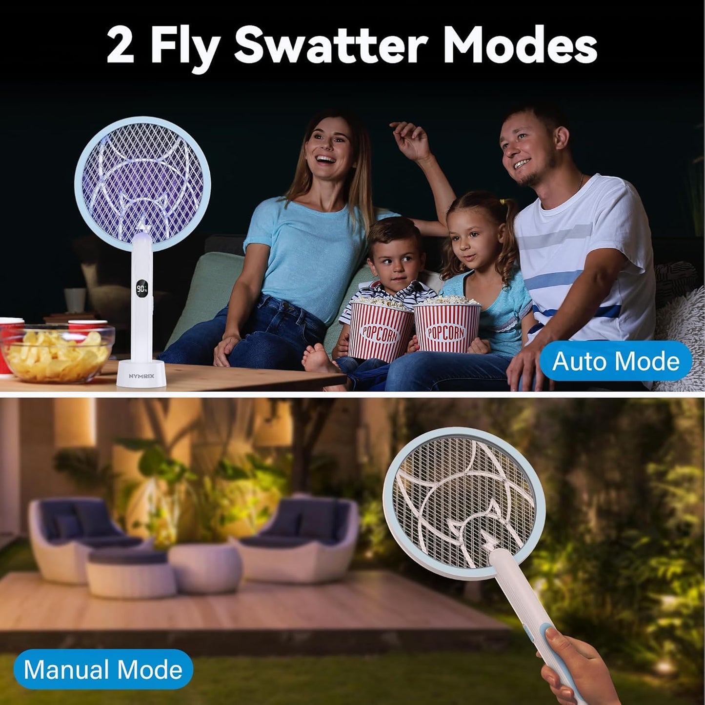 Electric Fly Swatter Racket, 2 in 1 Mosquito Bug Zapper 4100V Handheld Mosquito Killer with 1800 mAh Rechargeable Battery, Purple Lightand 3-Layer Safety Mesh for Indoor Outdoor Blue Two-Pack