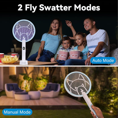 Electric Fly Swatter Racket, 2 in 1 Mosquito Bug Zapper 4100V Handheld Mosquito Killer with 1800 mAh Rechargeable Battery, Purple Lightand 3-Layer Safety Mesh for Indoor Outdoor Blue Two-Pack