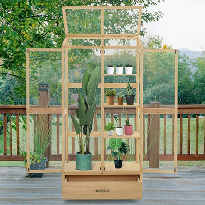 Macrout Cold Frame Greenhouse, Tall Wooden Greenhouse for Outdoor Indoor Use with Polycarbonate Panels, 3 Tier Garden Cold Frame with Drawer and Shelves, 0864 (Natural)