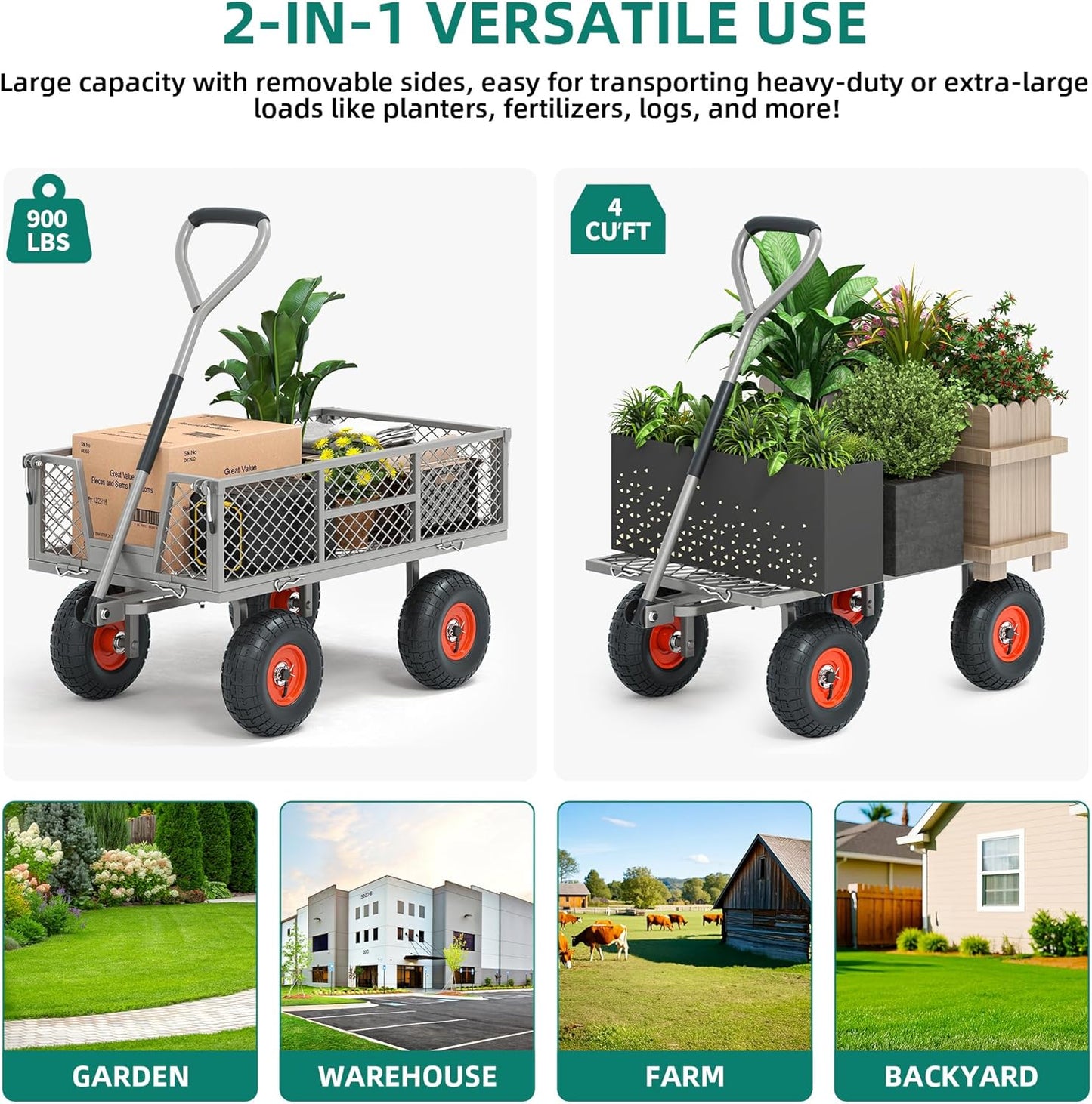 Heavy Duty 900 lbs Capacity Mesh Steel Garden Cart - 10" Pneumatic Tires, 180° Rotating Handle, Removable Sides, 4 CU'FT Utility Wagon for Yard & Garden Christmas Hauling
