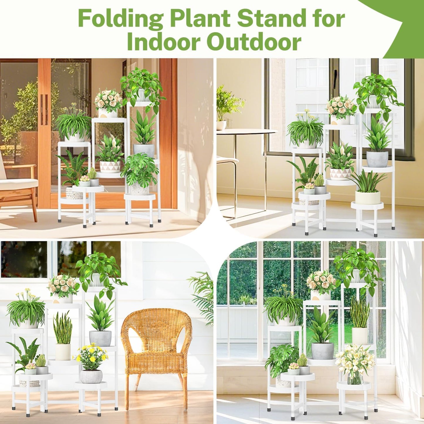 iDavosic.ly 8 Tier Folding Plant Stand Indoor Outdoor with Plastic Tray, Tiered Corner Flower Holder Shelf, Metal Orchid Display Rack for Patio Porch Living Room Garden Balcony, White
