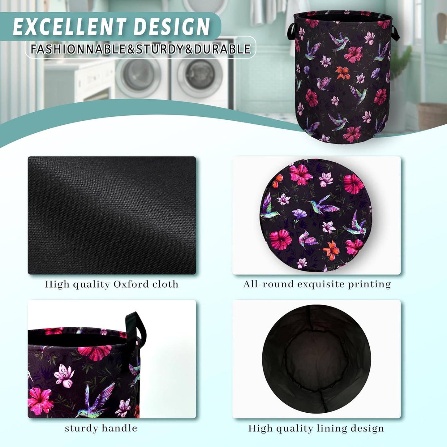 Beautiful Hummingbird Hibiscus Flower Laundry Basket Foldable With Handles Tote Bag Oxford Cloth Colorful Laundry Hamper Clothes Storage Bucket For Bathroom/Laundry/Bedroom 18.9" x 16.5 "