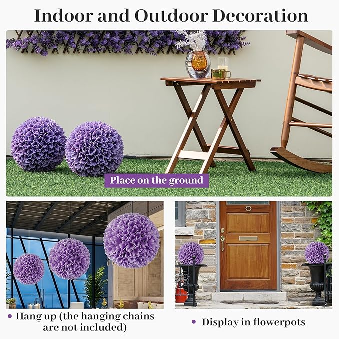 Goplus 11 Inch Topiary Balls Artificial Outdoor Set of 2, Faux Boxwood Ball, Fake Plant Sphere, Round Artificial Plant Balls for Front Door, Porch, Backyard, Balcony, Home Décor (Purple)
