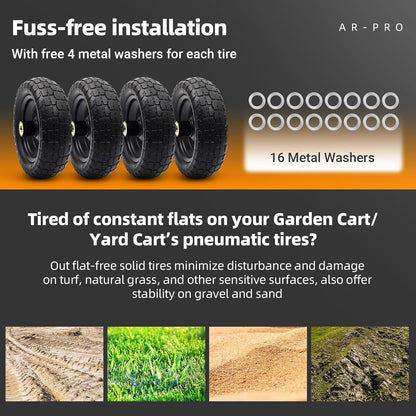 AR-PRO (4-Pack) Replacement Wheels 10 inch Flat Free Tire - Solid Flat-Free Tire and Wheel - 3" Wide Tires with 5/8 Axle Borehole and 2.1" Hub - Compatible with Garden, Yard and Farm Cart
