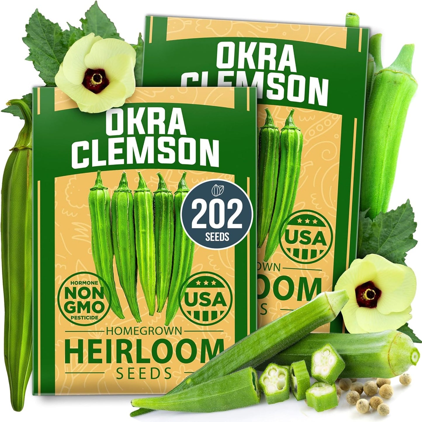 HOME GROWN Clemson Spineless Okra Seeds - 202 (2 Pack) 𝗡𝗢𝗡-𝗚𝗠𝗢 𝗨𝗦𝗔 Heirloom Vegetable Seeds, Premium Garden Seeds for Planting Outdoors (Abelmoschus esculentus)