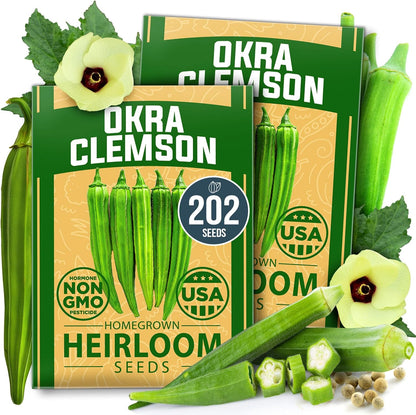 HOME GROWN Clemson Spineless Okra Seeds - 202 (2 Pack) 𝗡𝗢𝗡-𝗚𝗠𝗢 𝗨𝗦𝗔 Heirloom Vegetable Seeds, Premium Garden Seeds for Planting Outdoors (Abelmoschus esculentus)