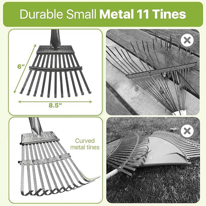 Rake for Leaves, Small Leaf Rake for Garden, 70-inch Adjustable Metal Rakes-Tool with 11 Steel Tines for Gardening, Yard, Shrub, Flower Beds, Lawns
