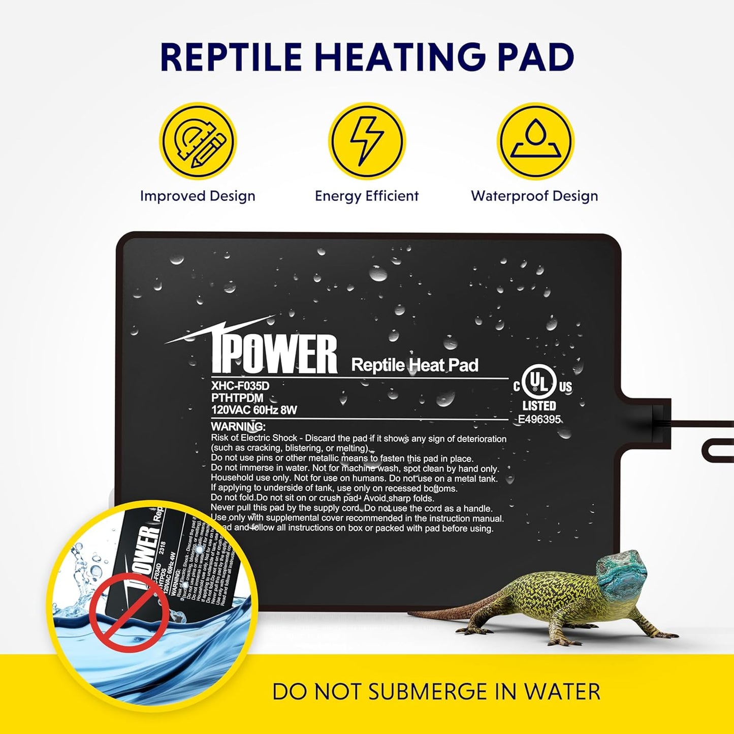 iPower Reptile Heat Pad 6X8 Inch 8W Under Tank Terrarium Warmer Heating Mat for Turtle, Lizard, Frog, Snake, Reptile, and Other Small Animals