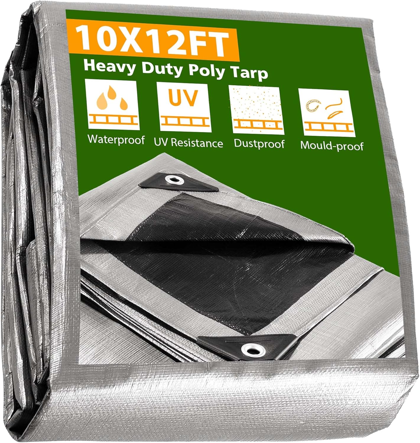 Yescom 10x12ft Heavy Duty Reinforced Poly Tarp 10-mil Waterproof Tarpaulin Ground Sheet Camping Tent Cover with Eyelets Reversible Silver Black Tarps