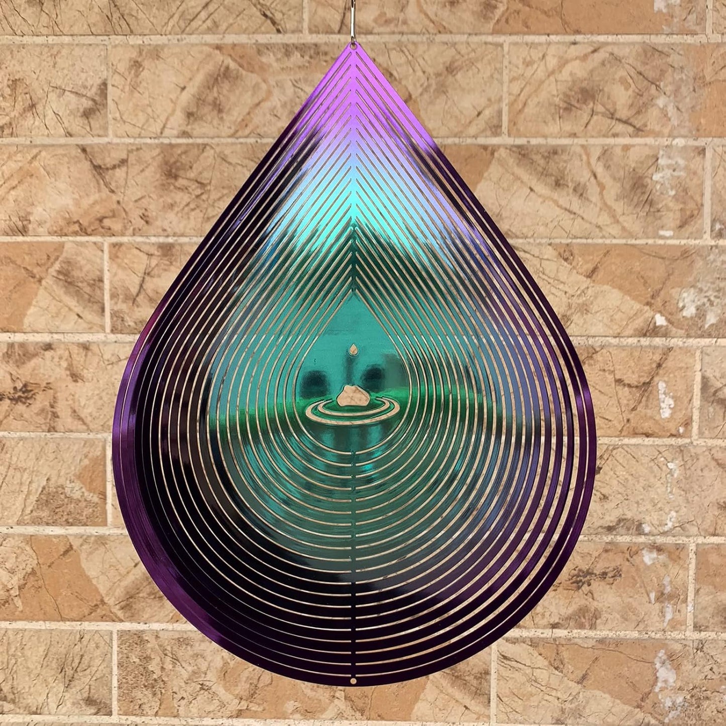 Wind Spinner Garden Indoor Outdoor Decor 3D Stainless Steel Metal Hanging Decorations, 3D Water Droplets Pattern Metal Wind Sculptures & Spinners Whirligig Gifts with 12inch(Green&Purple)