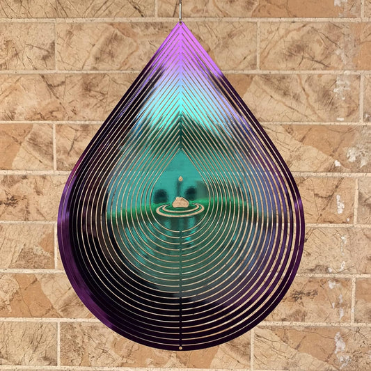 Wind Spinner Garden Indoor Outdoor Decor 3D Stainless Steel Metal Hanging Decorations, 3D Water Droplets Pattern Metal Wind Sculptures & Spinners Whirligig Gifts with 12inch(Green&Purple)