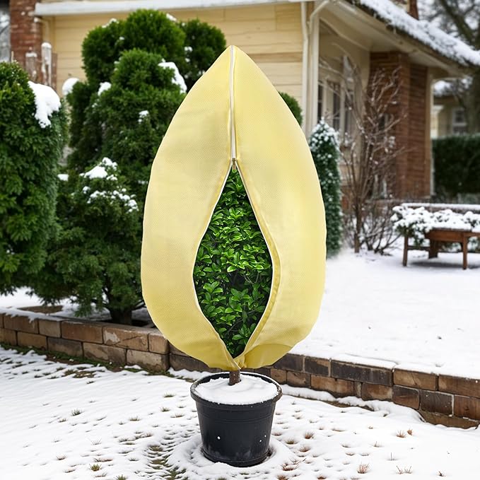 Plant Covers Freeze Protection, 2 Pack 47''× 71'' Beige Frost Cloths Blankets with Zipper Drawstring Shrub Tree Covers for Winter Outdoor Plants Freeze Protection