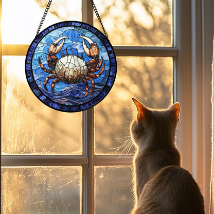 Stained Glass Window Hanging 4 Pcs Set Blue Ocean Waves 9.8" - Starfish Crab Seal Suncatcher Door Garden Sun Catcher Decor Birthday for Mom Woman Nana Men Friend
