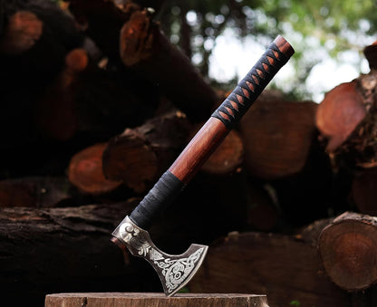 Viking Axe | 18" Carbon Steel Throwing Hatchet with Ash Wood Handle & Leather Sheath | Etched Norse Design, Functional & Collectible Gift(WCA-017)