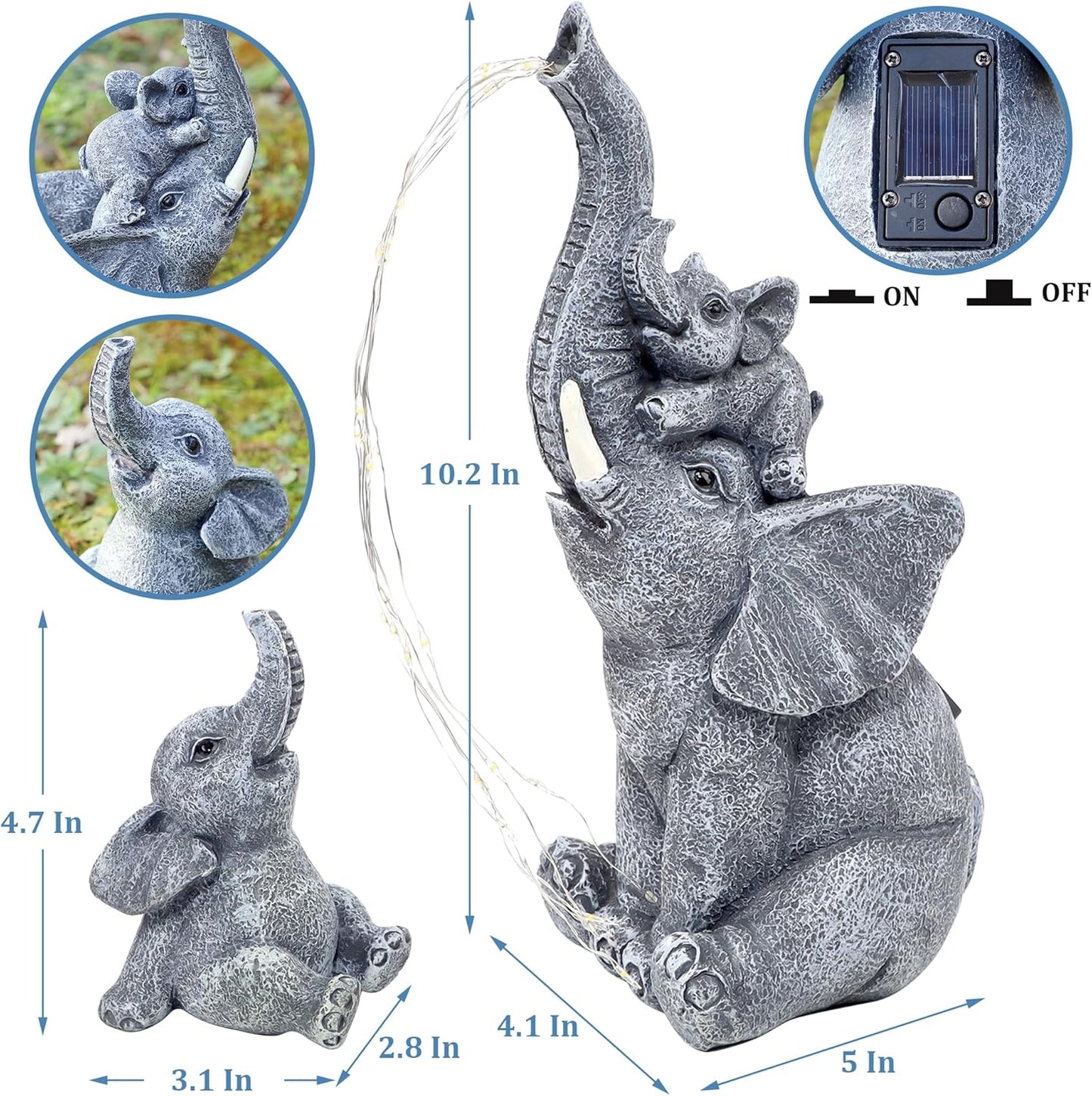 FORUP Garden Elephant Statue, Solar Elephant Statues for Garden Decor, Elephant Figurine with Solar Watering Lights, Elephant Outdoor Sculptures for Outside Porch Patio Balcony Front Yard