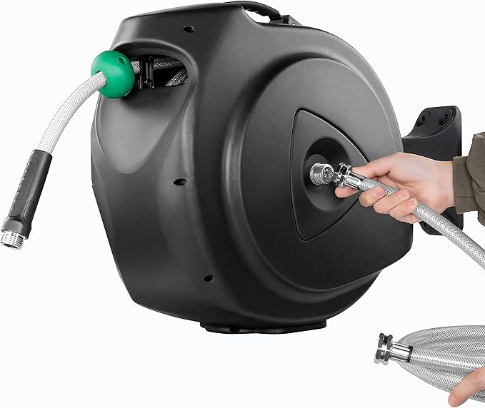 Retractable Garden Hose Reel, 100Ft x 1/2" Durable Wall Mounted Water Hose Reel with 180¡ãSwivel Bracket, 9 Pattern Sprayer, 6Ft leader hose,Smooth Automatic Rewind, Any Length Lock.