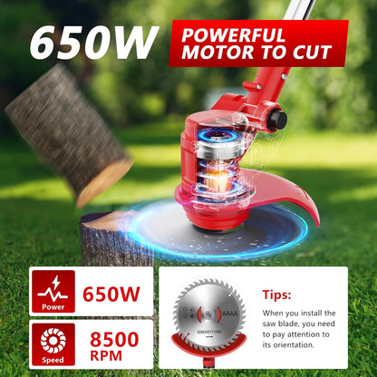 Electric Weed Wacker Cordless with Wheels,21V 2×2000mAh Weed Eater Battery Powered, 6-inch Cordless String Trimmer with 3 Types of Blades, Electric Grass Trimmer,Lawn Edger, Mower for Yard,Garden