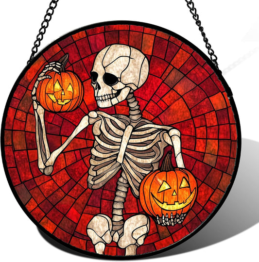 Stained Glass Window Hanging - Halloween Decorations Skeleton Pumpkin Suncatcher for Doors Garden