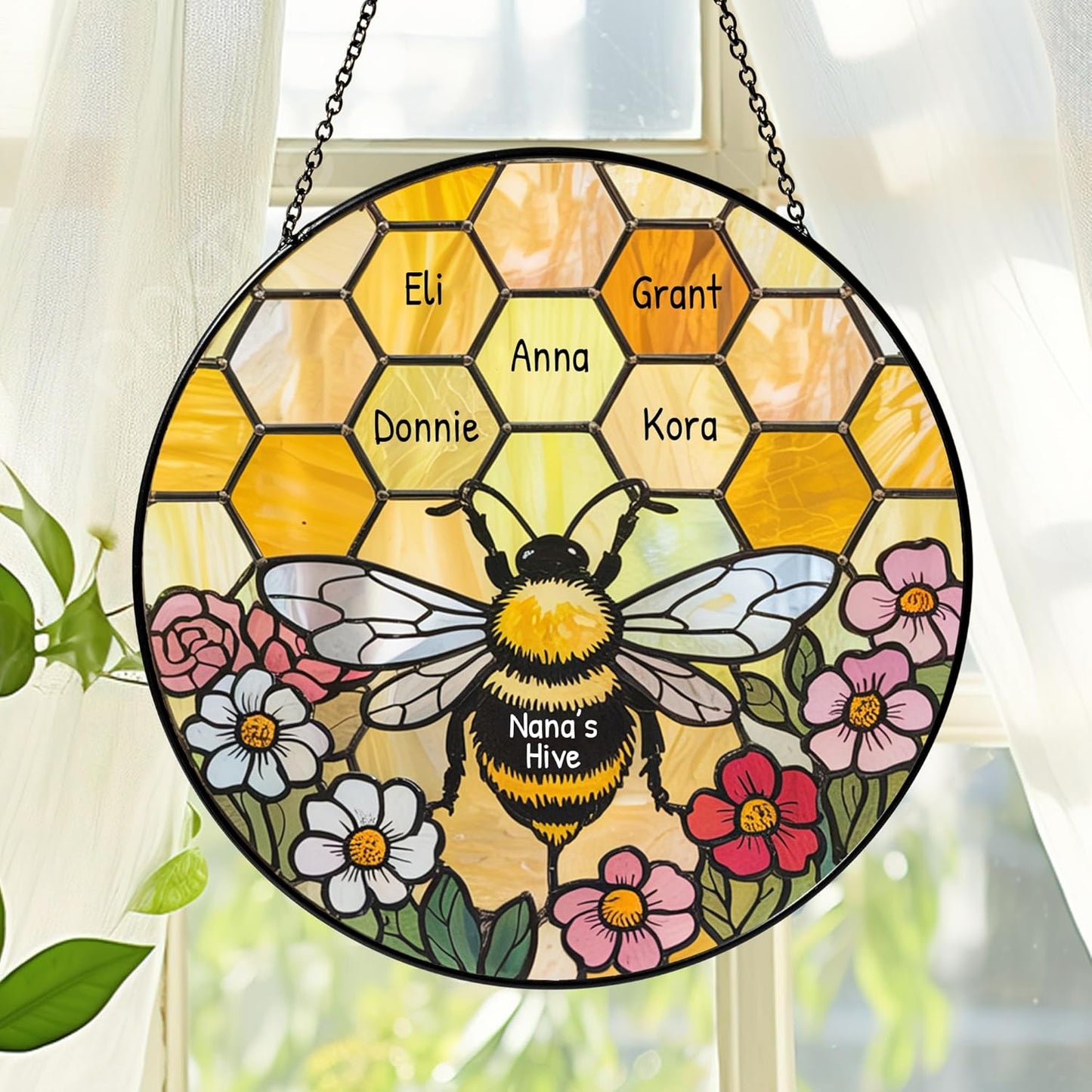 NAZENTI Personalized Grandma's Garden Stained Glass Suncatcher with Birth Month Flowers, Custom Nana's Garden Bee Window Hanging Ornament, Mothers Day Grandma Mom Gifts, Gifts for Nana Mimi