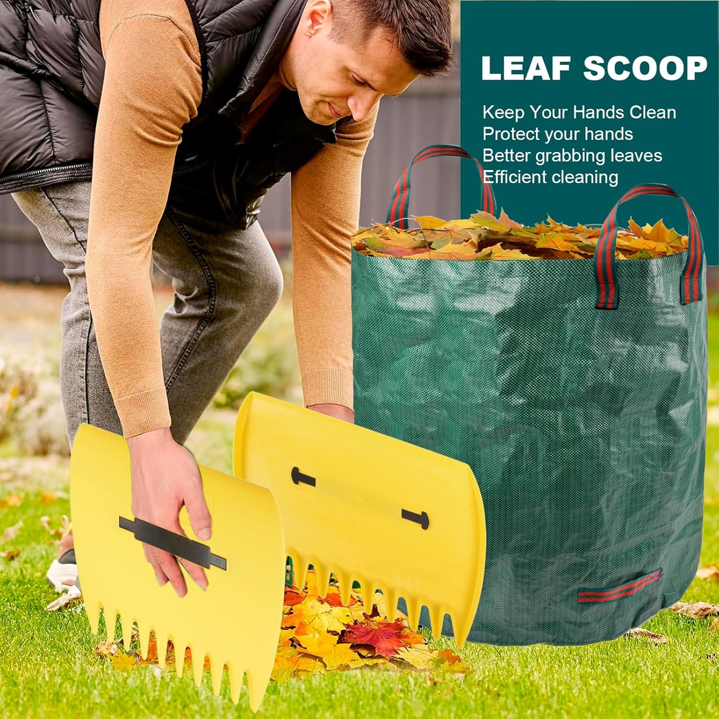 Leaf Collector Garden Rake Set - Adjustable 18 Tines Leaf Rakes & Leaf Picker Upper & 72 Gallon Lawn Waste Bag, Heavy Duty Collect Rake, Hand Leaf Scoop, Brown Paper Dumpster, Yard Gardening Tool