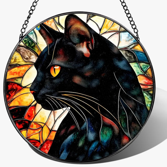 8″ Stained Glass Window Hanging Ornament, Black Cat Stained Glass Suncatcher Ornament, Sun-Catcher