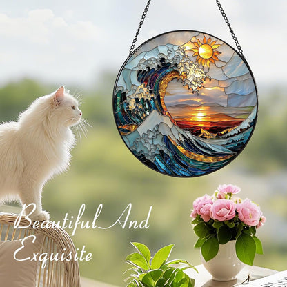 The Ocean Waves and The Sunrise Suncatcher -7.9 in Stained Glass Window Hanging Sun Catcher Garden Decor