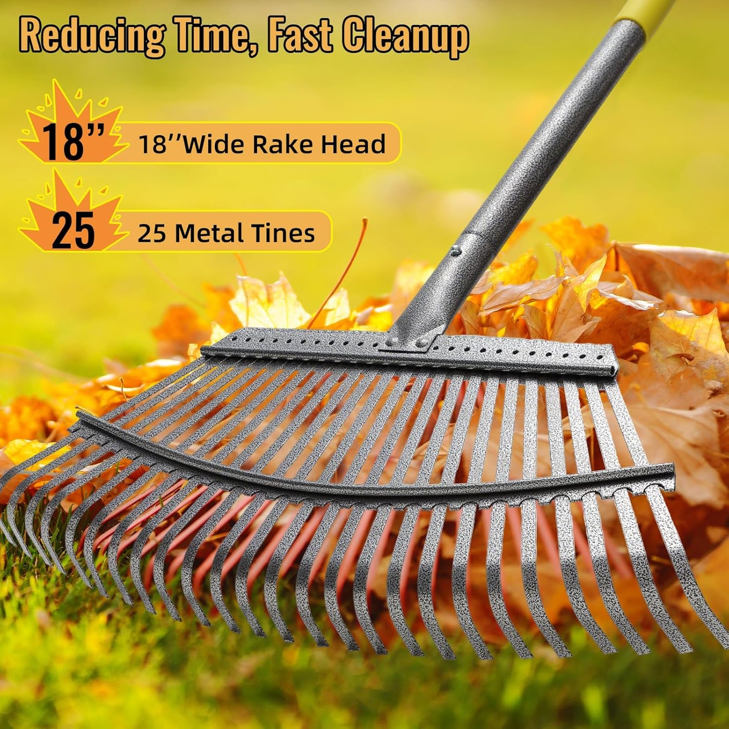Rake for Leaves, Heavy Duty Metal Leaf Rake with 25 Tines 18" Wide Head, Adjustable 36-73" Long Handle Garden Rakes, Gardening Tools for Lawn, Yard, Shrub, Garden Beds Leaf Cleanup