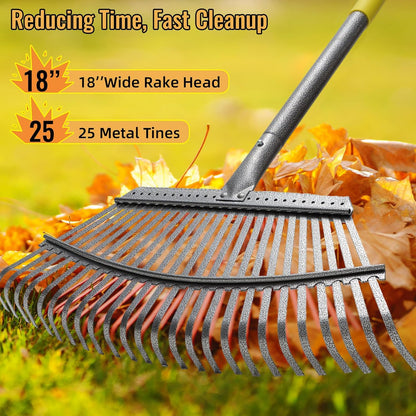 Rake for Leaves, Heavy Duty Metal Leaf Rake with 25 Tines 18" Wide Head, Adjustable 36-73" Long Handle Garden Rakes, Gardening Tools for Lawn, Yard, Shrub, Garden Beds Leaf Cleanup