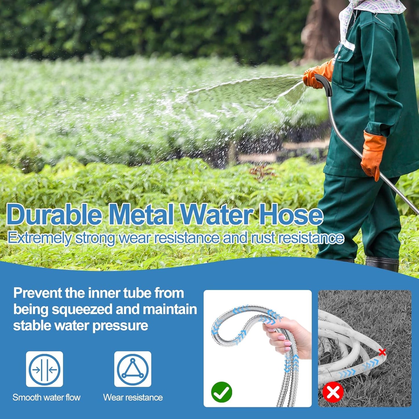 SPECILITE 150 FT Garden Hose, 304 Stainless Steel Metal Heavy Duty Flexible Water Pipe, Kink Free, Durable, Lightweight for Yard, Outdoor with Rubber Grip