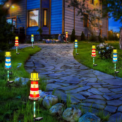 Solar Lighthouse Outdoor Decor (2PACK) Ideal for pathway lighting in gardens, walkways, and patios. Enhances garden, lawn, planter, backyard, and courtyard decor. Nautical-Style Outdoor Solar Lights