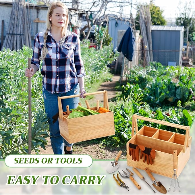 Remerry 8 Pcs Garden Tools Set Harvest Basket Wood Stainless Steel Heavy Duty Gardening Hand Tool Pruning Shears Gloves Garden Caddy Harvesting Basket Gifts for Gardening Lovers Enthusiasts Planting