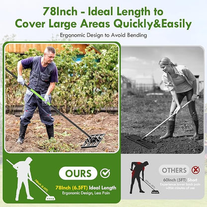 Seeutek Lawn Leveling Rake, 17” x 10” Lawn Leveler with 6.5FT Stainless Steel Handle Rakes for Lawns, 0-180° Adjustable Ground Leveler Tool for Yard, Level Soil Sand Dirt Surfaces