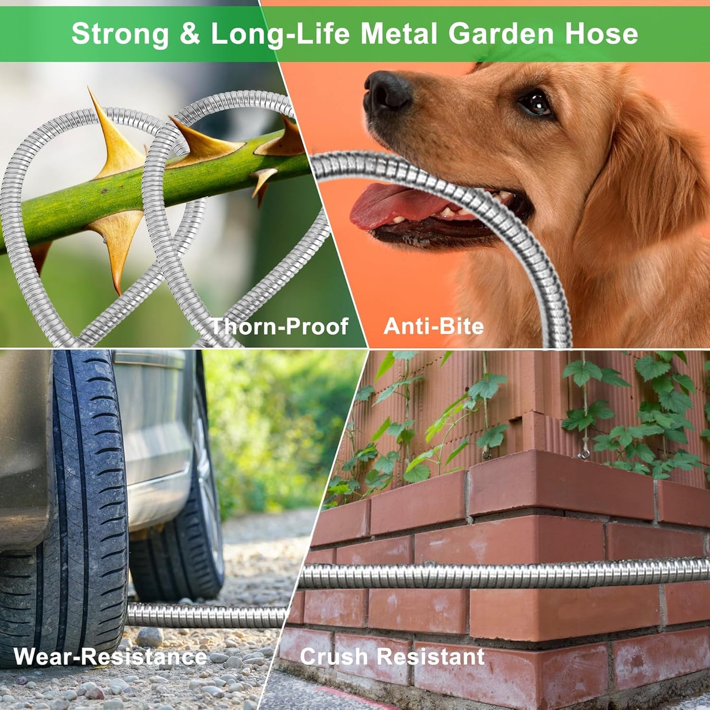 Metal Garden Hose 100ft, Stainless Steel Water Hose Leak-Proof w/10 Function Sprayer Nozzle, 5/8" Fittings Flexible Garden Hose, Long-Lasting, Lightweight, No-Kink Water Hose, for Yard,Lawn