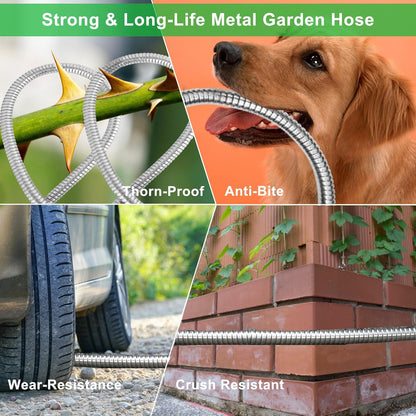 Metal Garden Hose 100ft, Stainless Steel Water Hose Leak-Proof w/10 Function Sprayer Nozzle, 5/8" Fittings Flexible Garden Hose, Long-Lasting, Lightweight, No-Kink Water Hose, for Yard,Lawn