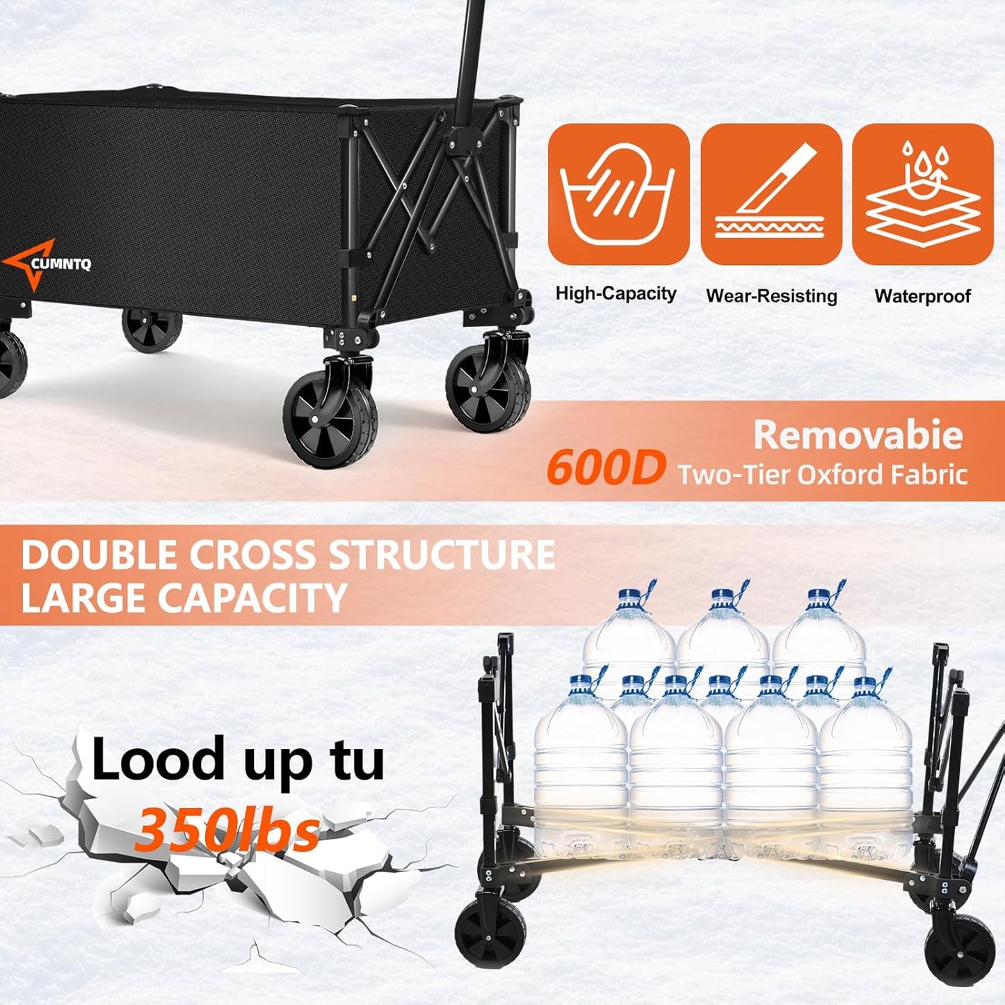 Collapsible Folding Wagon, 350lb Weight Capacity Collapsible Wagon with All-Terrain Wheels, Cup Holders and Adjustable Handle Utility Wagon, for Grocery Camping Garden Sports Shopping, Black