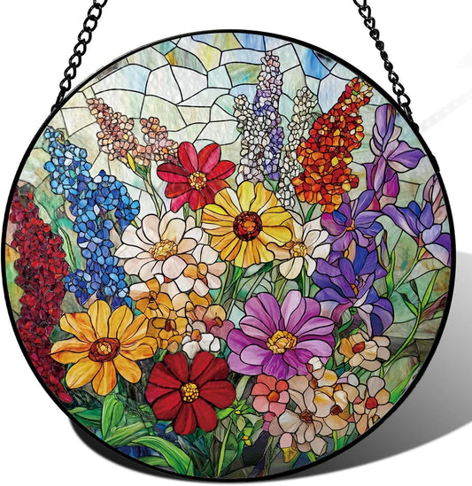 Colorful Wildflowers Suncatcher -7.9 in Stained Glass Window Hanging Sun Catcher Garden Decor