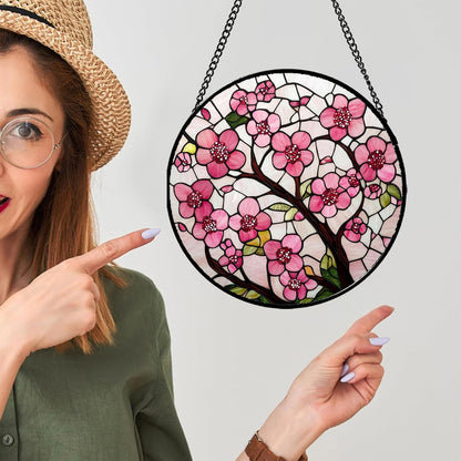 Stained Glass Window Hanging - Cherry Blossoms Birth Flower Suncatcher for Door Garden Patio Sun Catchers Decor Christmas Mother's Day Birthday Gifts for Women Mom Nana Friend Wife 11.8 in
