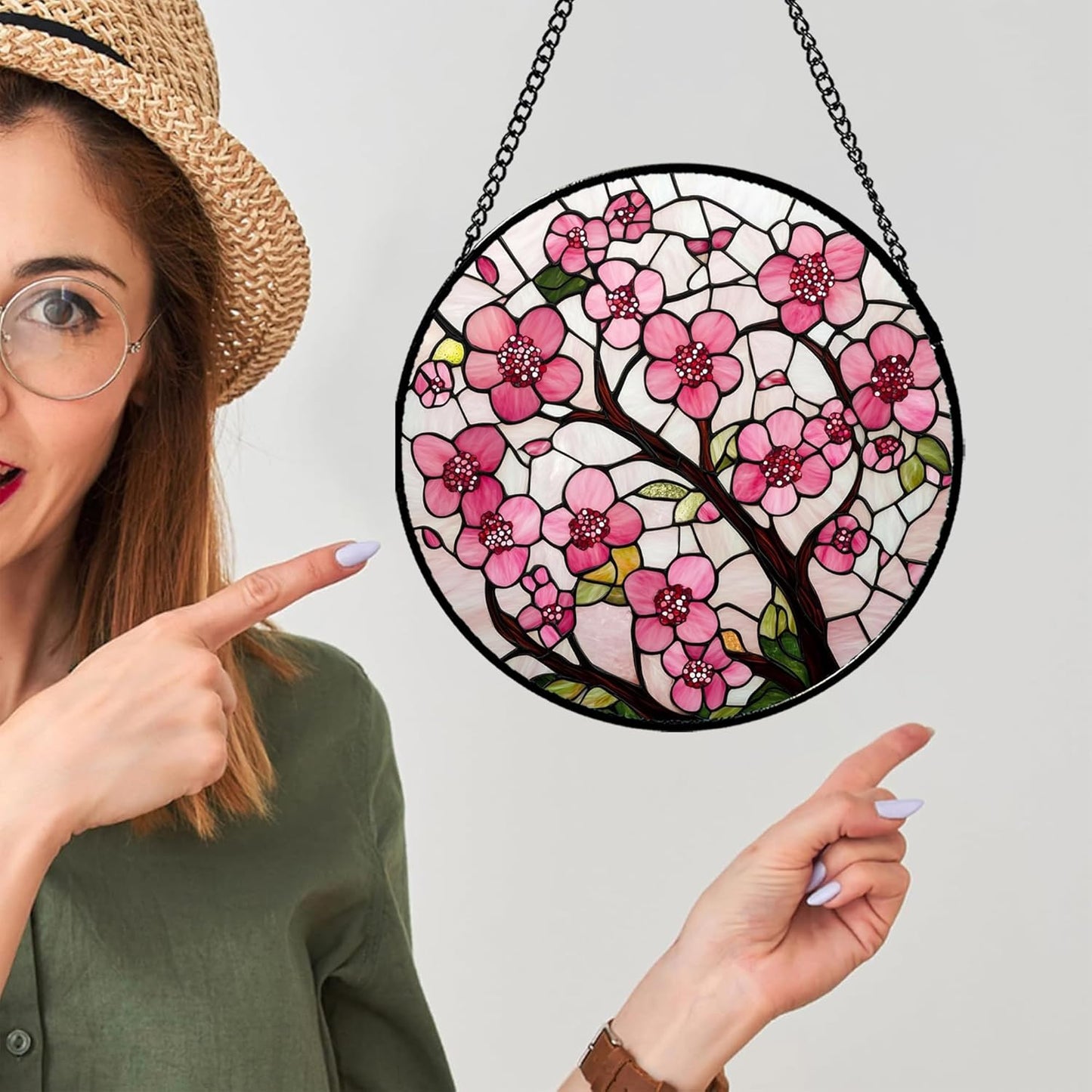 Stained Glass Window Hanging - Cherry Blossoms Birth Flower Suncatcher for Door Garden Patio Sun Catchers Decor Christmas Mother's Day Birthday Gifts for Women Mom Nana Friend Wife 15 in