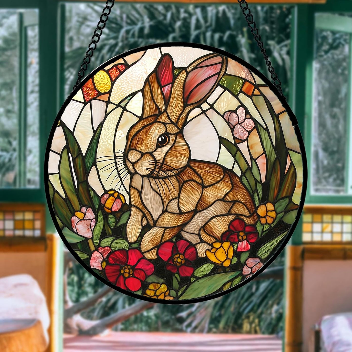 Stained Glass Window Hanging, Cute Bunny Flowers Sun Catcher for Window Door Home Decor, Rabbit Suncatcher Christmas Mother's Day Birthday Gifts for Women Men Mom and Nana 6.3 in