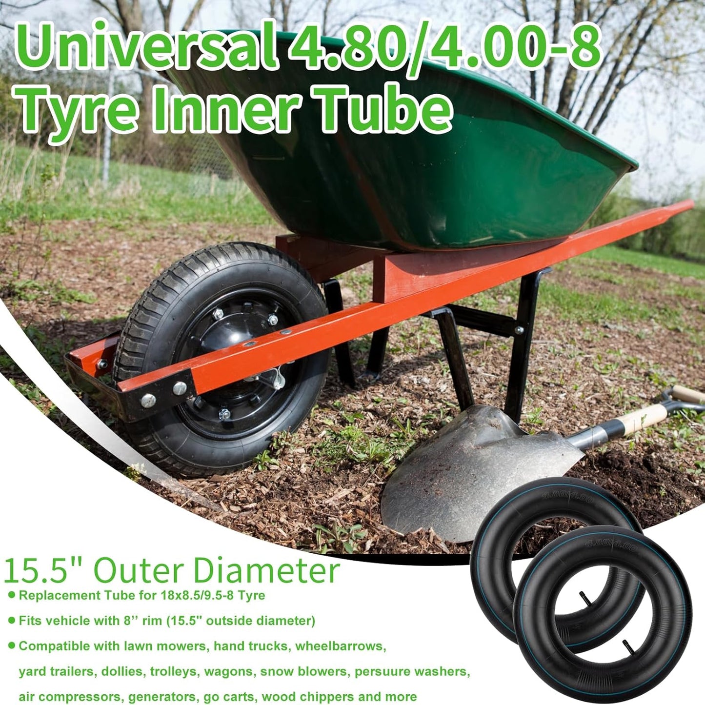 4.80/4.00-8" Inner Tubes, 2 Pack Heavy Duty 4.80 4.00-8/480/400-8 Replacement Tire Inner Tube with Straight Valve Stem for Wheelbarrows, Lawn Mowers, Hand Trucks, Trailers, Tractor, 8" Carts