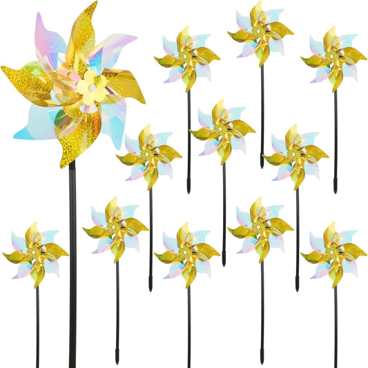 winemana 12 Pcs Reflective Pinwheels Outdoor, Wind Spinners for Yard & Garden, Sparkly Bird Repellent Windmill Scare Birds Away, Deterrent Devices for Outside Patio Lawn Spring Decor (Yellow)