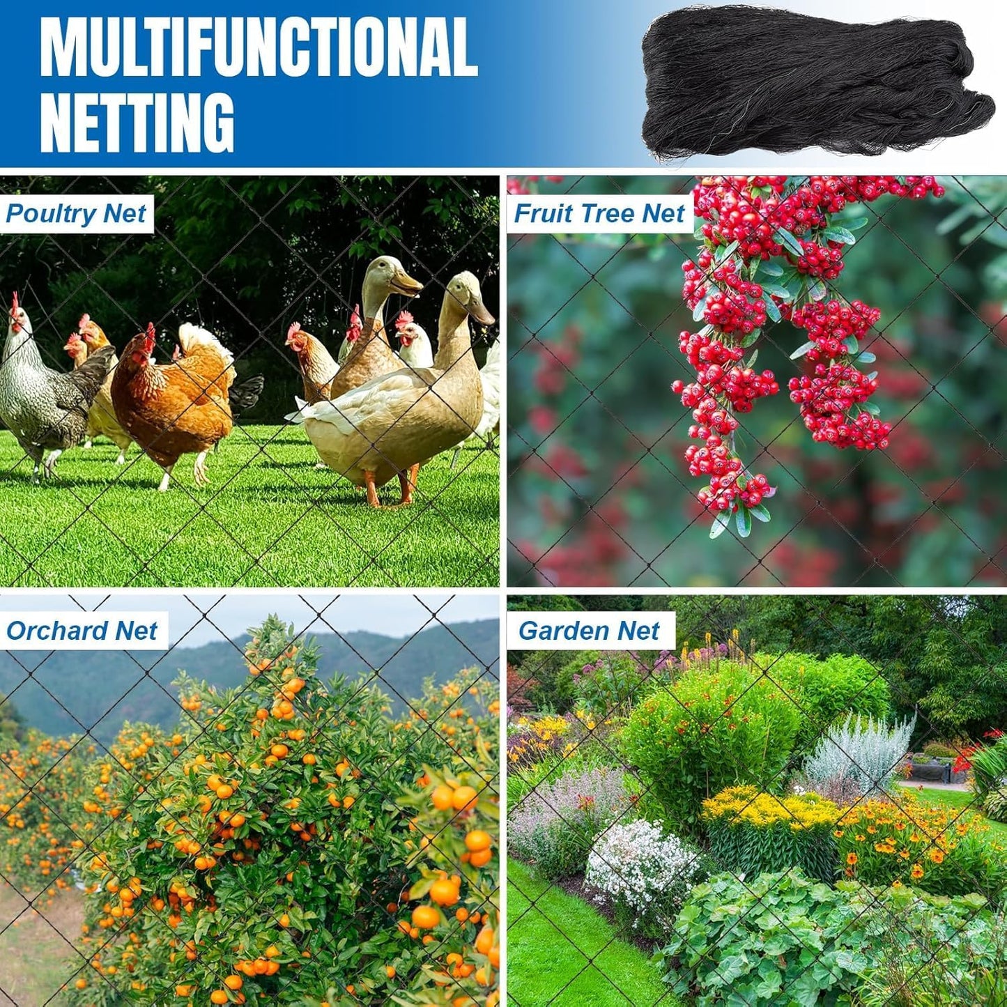 Bird Netting for Garden - 25'x50' Poultry Netting with 3/4" Square Mesh Net for Chicken Coop Protection, Heavy Duty Nylon for Bushes Fruit Tree Against Aviary, Deer, Squirrel