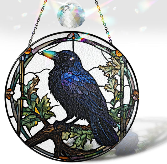 7.8" Crow Stained Glass Suncatchers Art Glass Ravens for Sun Catcher Indoor Gothic Gifts for Pet