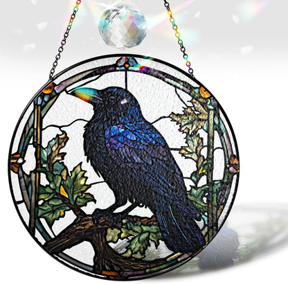 6" Crow Stained Glass Suncatchers Art Glass Ravens for Sun Catcher Indoor Gothic Gifts for Pet Animal Nature Floral Lovers Women Grandma Mom Friend Painted Panel Décor BIRD-04B-SG6